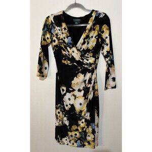 Ralph Lauren Black Yellow Floral Print 3/4 Sleeve Dress Size 2 Criss Cross Top